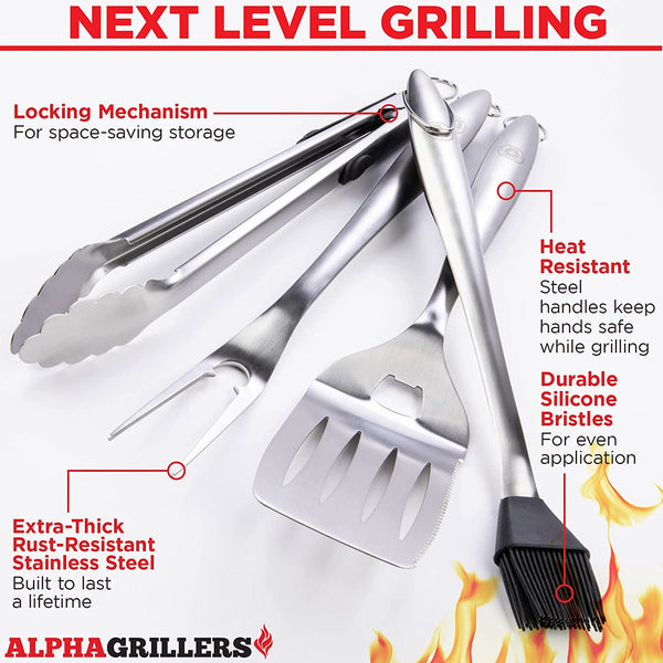 Alpha Grillers Grill Set Heavy Duty BBQ Accessories - BBQ Gifts Tool Set  4pc Grill Accessories with Spatula, Fork, Brush & BBQ Tongs - Grilling