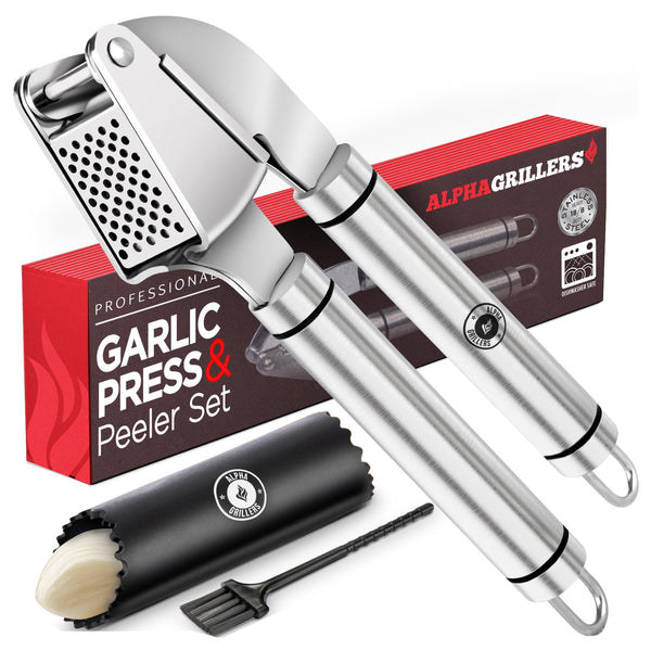 Alpha Grillers Garlic Press Stainless Steel - Professional Garlic Mincer and Crusher with Silicone Peeler Dishwasher Safe
