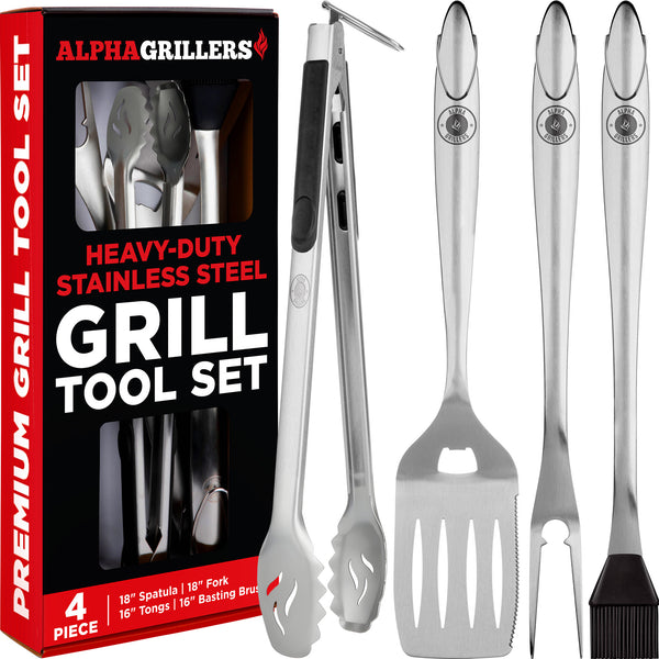 bbq gear Alpha Grillers Grilling Accessories - BBQ Accessories Grill Set with Spatula, Fork, Brush & Tongs