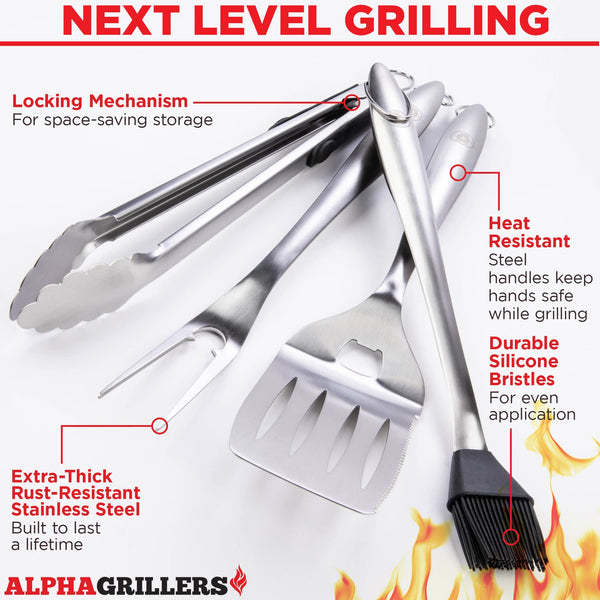 Alpha Grillers Grilling Accessories - BBQ Accessories, Grill Tools Set for Outdoor Grill with Spatula, Fork, Brush & Tongs - Grilling Gifts for Men