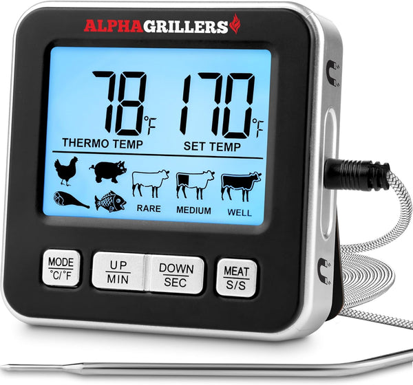 Alpha Grillers Food & Meat Thermometer for Oven w/Temperature Probe, Leave in Digital Oven Thermometer for Cooking in The Kitchen & Grilling with 7 Preset Temperatures & Timer