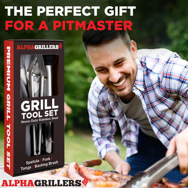 Alpha Grillers Grilling Accessories - BBQ Accessories, Grill Tools Set for Outdoor Grill with Spatula, Fork, Brush & Tongs - Grilling Gifts for Men