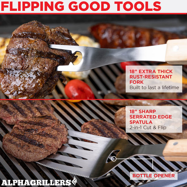 Alpha Grillers Grill Set Heavy Duty BBQ Accessories - BBQ Gifts Tool Set 4pc Grill Accessories with Spatula, Fork, Brush & BBQ Tongs - Grilling Cooking Gifts for Men Dad Durable, Stainless Steel