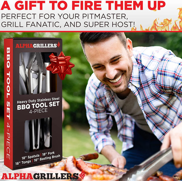 Alpha Grillers Grill Set Heavy Duty BBQ Accessories - BBQ Gifts Tool Set  4pc Grill Accessories with Spatula, Fork, Brush & BBQ Tongs - Grilling