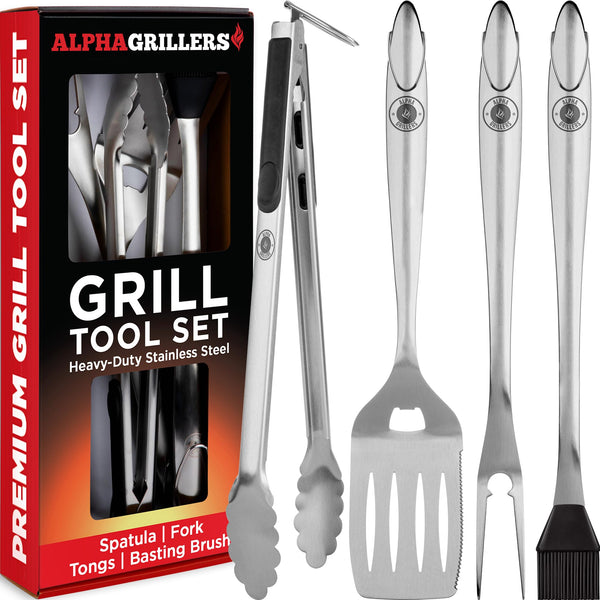 Alpha Grillers Grilling Accessories - BBQ Accessories, Grill Tools Set for Outdoor Grill with Spatula, Fork, Brush & Tongs - Grilling Gifts for Men