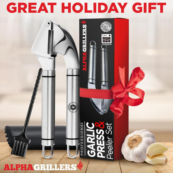 Garlic Press Stainless Steel - Professional Garlic Mincer and Crusher with Silicone Peeler Dishwasher Safe