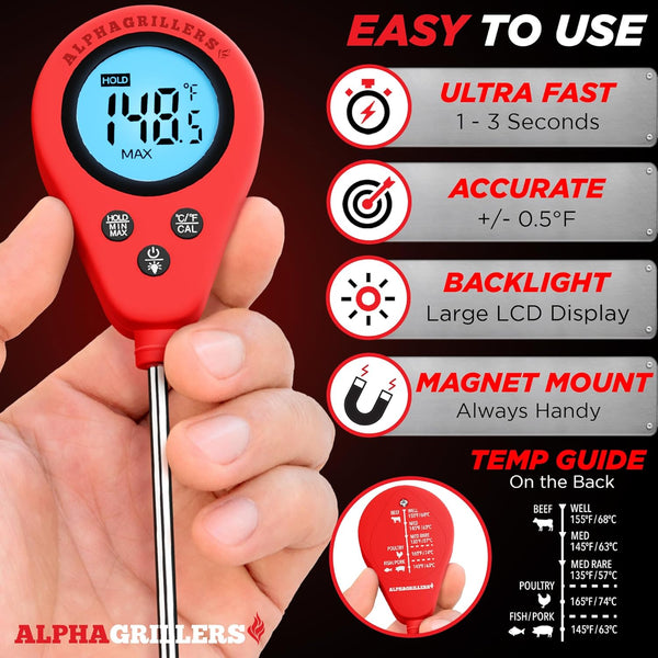 Alpha Grillers Meat Thermometer Digital Food Thermometer for Cooking Grilling Bread and Air Fryer Kitchen Gadgets - Gifts for Him Gifts for Dad Men