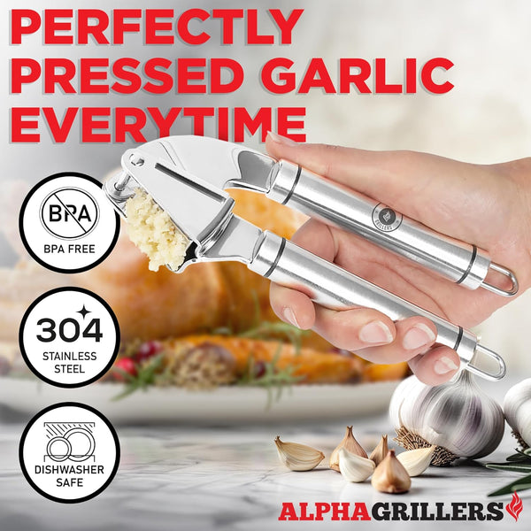 Garlic Press Stainless Steel - Professional Garlic Mincer and Crusher with Silicone Peeler Dishwasher Safe