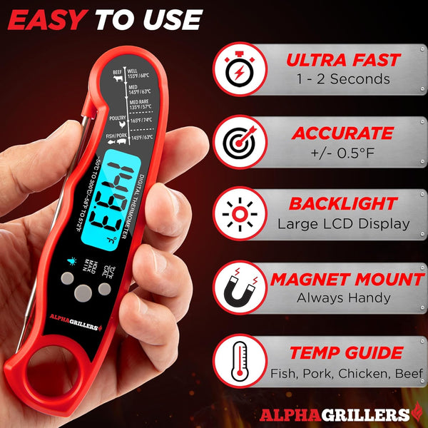 Alpha Grillers Instant Read Meat Thermometer for Cooking Grilling and Griddle Accessories Kitchen Essentials - Waterproof Backlight & Calibration, Birthday Mens Gifts Valentines Day Gifts for Him