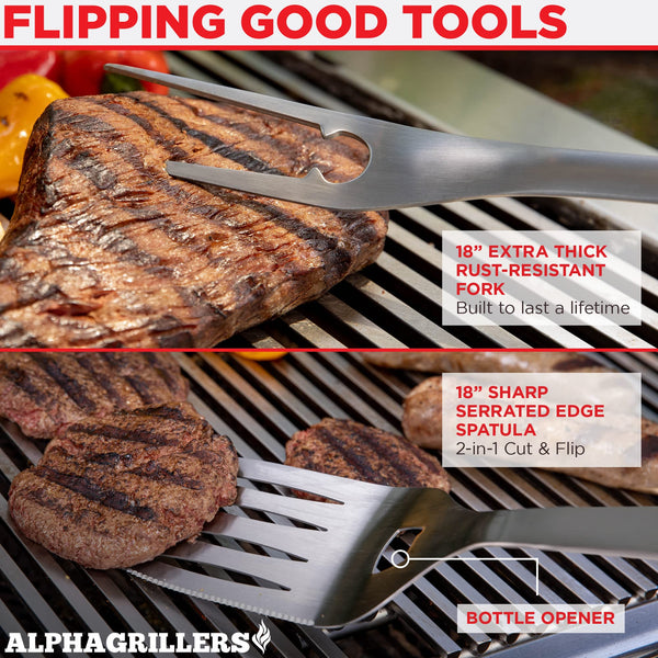 Alpha Grillers Grilling Accessories - BBQ Accessories, Grill Tools Set for Outdoor Grill with Spatula, Fork, Brush & Tongs - Grilling Gifts for Men