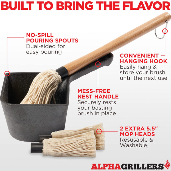 Alpha Grillers Cast Iron Pot & BBQ Brushes for Sauce - 24 oz Cast Iron Saucepan & Basting Brush BBQ Mop - Fathers Day Gifts & Gifts for Dad - Premium