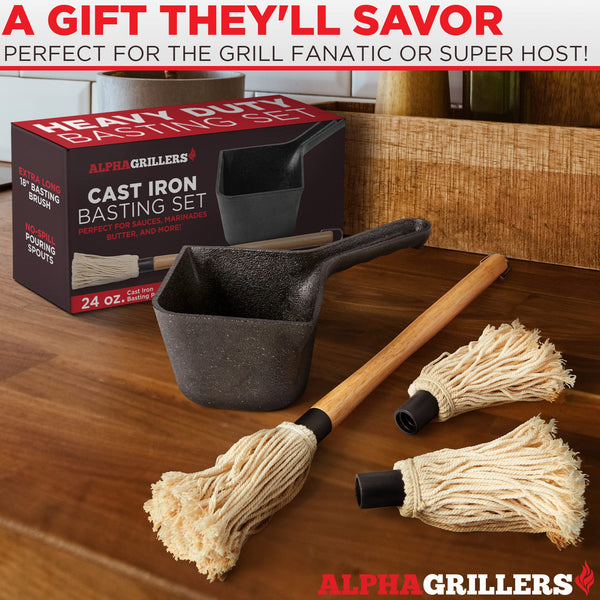 Alpha Grillers Cast Iron Pot & BBQ Brushes for Sauce - 24 oz Cast Iron Saucepan & Basting Brush BBQ Mop - Gifts for Dad - Premium Cast Iron Cookware & Grilling Accessories