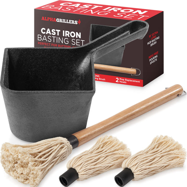 Alpha Grillers Cast Iron Pot & BBQ Brushes for Sauce - 24 oz Cast Iron Saucepan & Basting Brush BBQ Mop - Gifts for Dad - Premium Cast Iron Cookware & Grilling Accessories