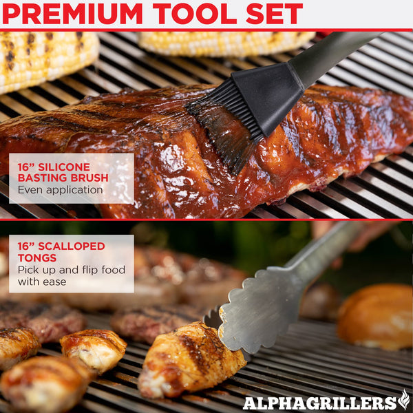 Alpha Grillers Grilling Accessories - BBQ Accessories, Grill Tools Set for Outdoor Grill with Spatula, Fork, Brush & Tongs - Grilling Gifts for Men