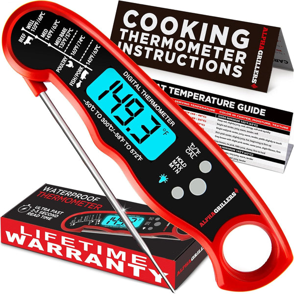 Alpha Grillers Instant Read Meat Thermometer for Cooking Grilling and Griddle Accessories Kitchen Essentials - Waterproof Backlight & Calibration, Birthday Mens Gifts Valentines Day Gifts for Him