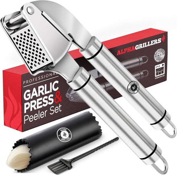 Professional Garlic Crusher - Dishwasher Safe Garlic Press Stainless Steel - Garlic Mincer with Silicone Garlic Peeler - Kitchen Essentials for New Home Cooking