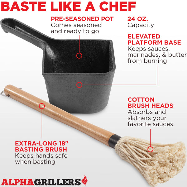 Alpha Grillers Cast Iron Pot & BBQ Brushes for Sauce - 24 oz Cast Iron Saucepan & Basting Brush BBQ Mop - Gifts for Dad - Premium Cast Iron Cookware & Grilling Accessories