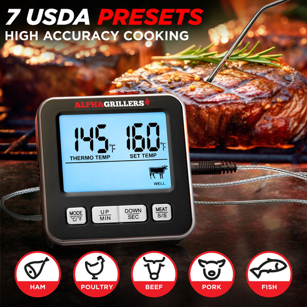 Professional Digital Thermometer for Cooking - Instant Read Food Thermometer with 7 Preset Temperatures & Timer