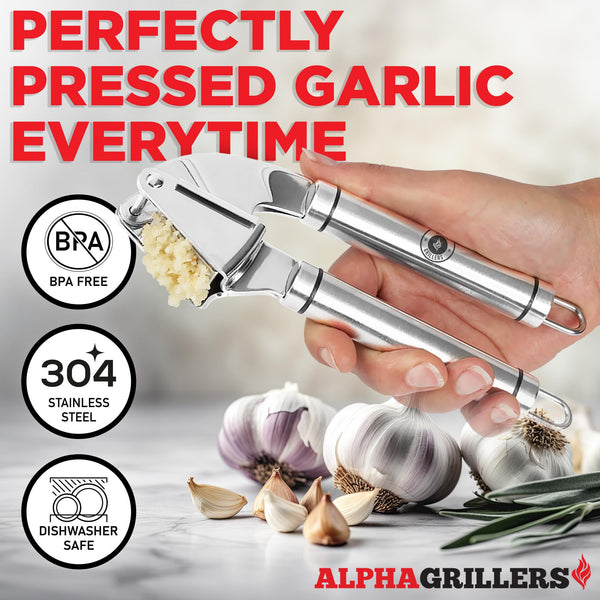 Alpha Grillers Garlic Press Stainless Steel - Premium Garlic Mincer with Silicone Garlic Peeler - Easy Squeeze Garlic Crusher, Grater and Grinder - Dishwasher Safe Easy Clean Kitchen Gadget