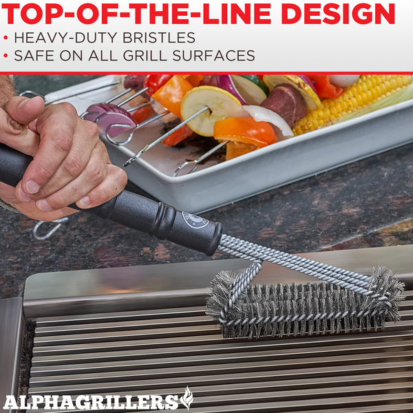 Alpha Grillers BBQ Grill Brush - Wire Grill Brush & BBQ Brush for Grill Cleaning - Grill Brush for Outdoor Grill & Gas Grill Cleaner for All BBQ Types