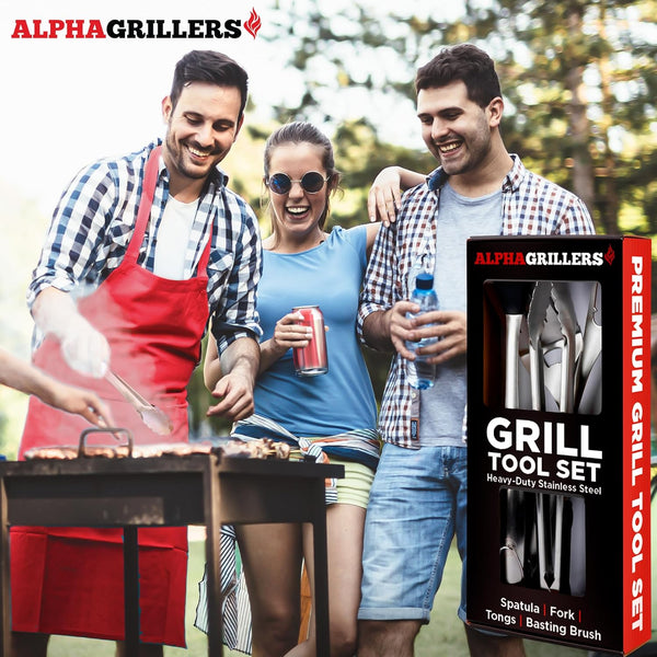 Grilling Accessories - Stainless Steel Heavy Duty Grill Tools Set BBQ Accessories for Outdoor Grill with Spatula, Fork, Brush & Tongs - Grilling Gifts for Men Him