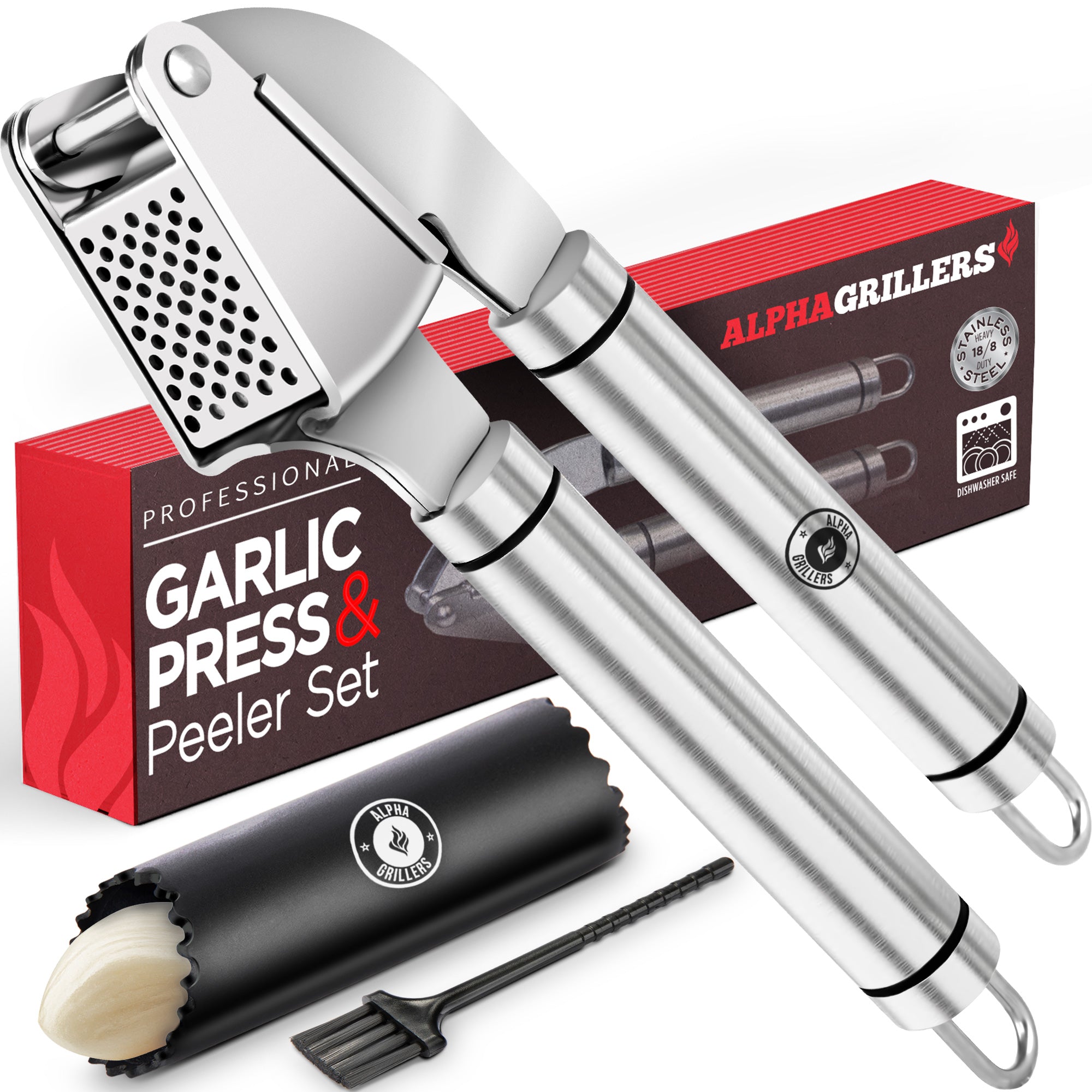 Alpha Grillers Garlic Press Stainless Steel - Professional Garlic Mincer and Crusher with Silicone Peeler Dishwasher Safe