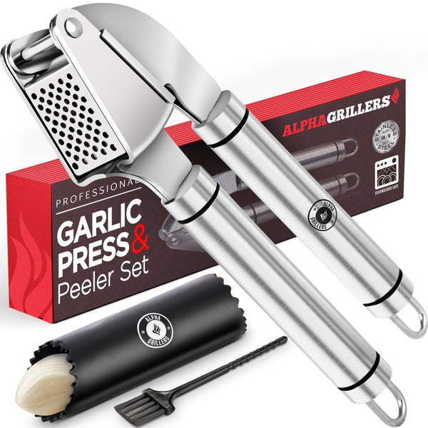 Alpha Grillers Garlic Press Stainless Steel - Professional Garlic Mincer and Crusher with Silicone Peeler Dishwasher Safe