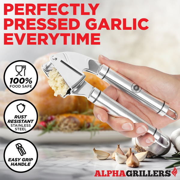Alpha Grillers Garlic Press Stainless Steel - Professional Garlic Mincer and Crusher with Silicone Peeler Dishwasher Safe