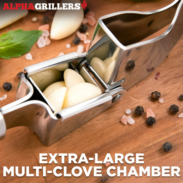 Alpha Grillers Garlic Press Stainless Steel - Professional Garlic Mincer and Crusher with Silicone Peeler Dishwasher Safe