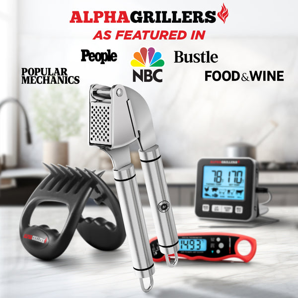 Alpha Grillers Garlic Press Stainless Steel - Professional Garlic Mincer and Crusher with Silicone Peeler Dishwasher Safe