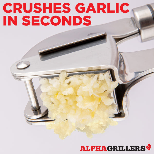 Alpha Grillers Garlic Press Stainless Steel - Professional Garlic Mincer and Crusher with Silicone Peeler Dishwasher Safe
