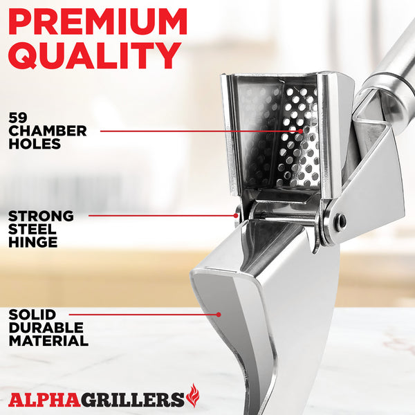 Alpha Grillers Garlic Press Stainless Steel - Professional Garlic Mincer and Crusher with Silicone Peeler Dishwasher Safe