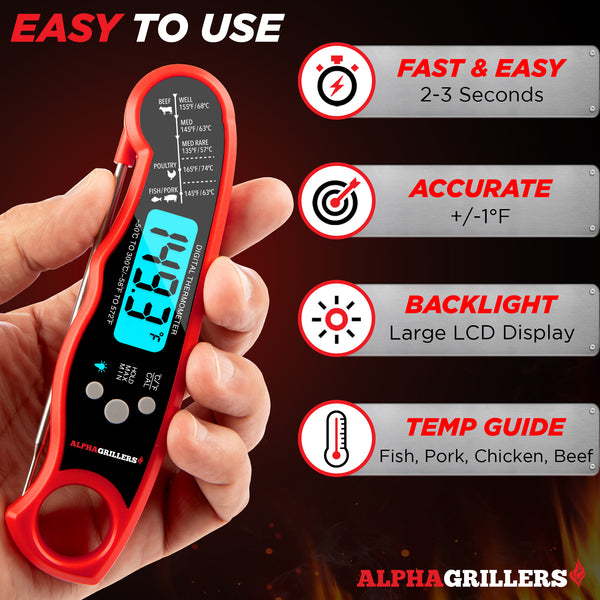 Alpha Grillers Instant Read Meat Thermometer for Grill and Cooking. Best Waterproof Ultra Fast Thermometer with Backlight & Calibration. Digital Food Probe for Kitchen, Outdoor Grilling and BBQ!