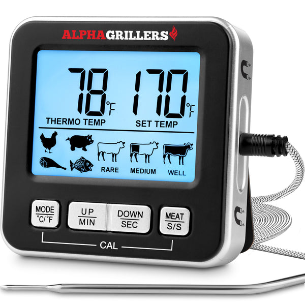 Alpha Grillers Turkey Thermometer - Digital Meat Thermometer with Electric Oven Safe Wired Leave-in Probe for Cooking & Roasting - Large Display with 7 Preset Temp Alerts, Timer & Alarm