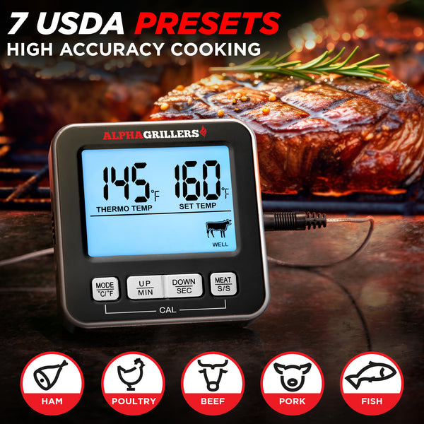 Alpha Grillers Turkey Thermometer - Digital Meat Thermometer with Electric Oven Safe Wired Leave-in Probe for Cooking & Roasting - Large Display with 7 Preset Temp Alerts, Timer & Alarm