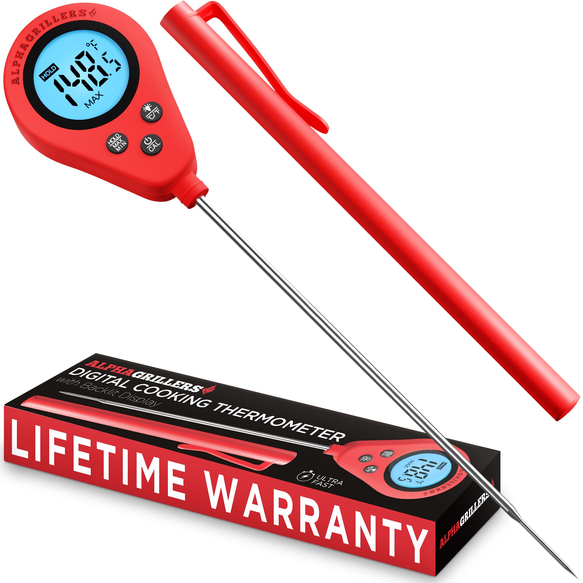 Alpha Grillers Instant Read Meat Thermometer Digital Food Thermometer for Cooking Grilling Bread Baking Liquids and Air Fryer with Temperature Guide, Long Probe and Large Backlit Display
