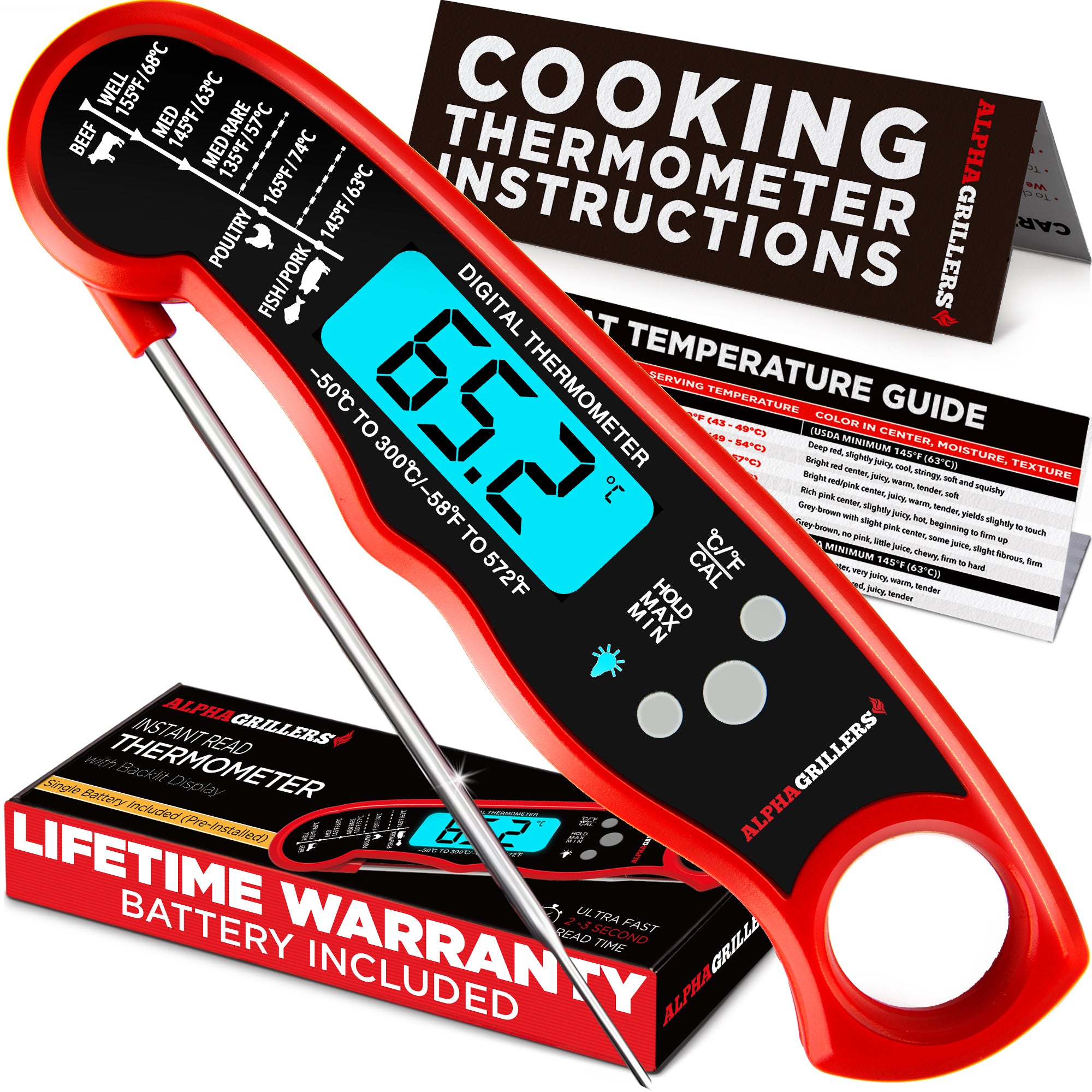 Alpha Grillers Meat Thermometer Digital - Instant Read Food Thermometer for Cooking Grilling BBQ Kitchen (Battery Included) Stocking Stuffers for Men Gifts for Men Christmas Gifts for Dad Birthday